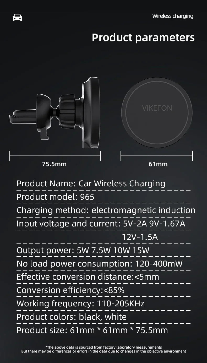 Black car wireless charging mount with a circular magnetic design and air vent clip, shown with technical dimensions.