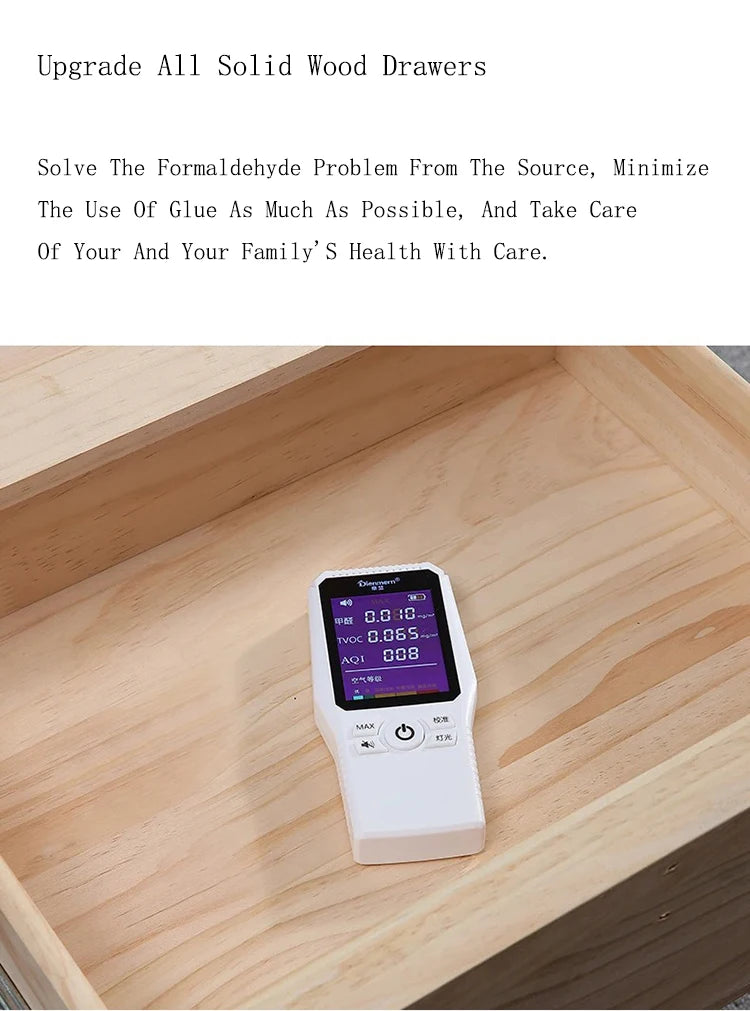 Natural light wood drawer interior being tested with an air quality monitor to demonstrate safety and material quality.