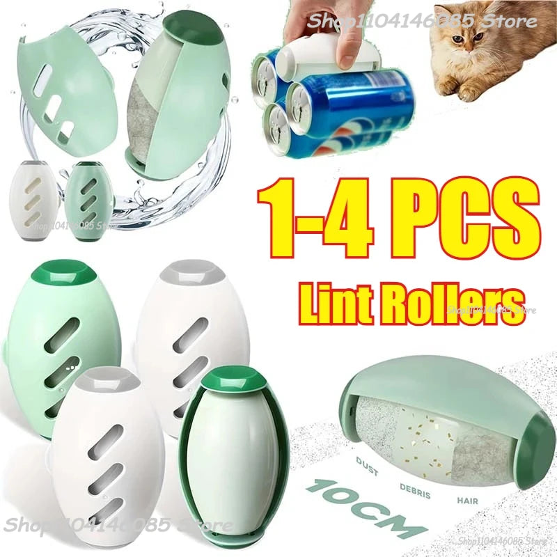 A set of oval-shaped, portable lint rollers in white and pastel green, designed for removing dust and pet hair.