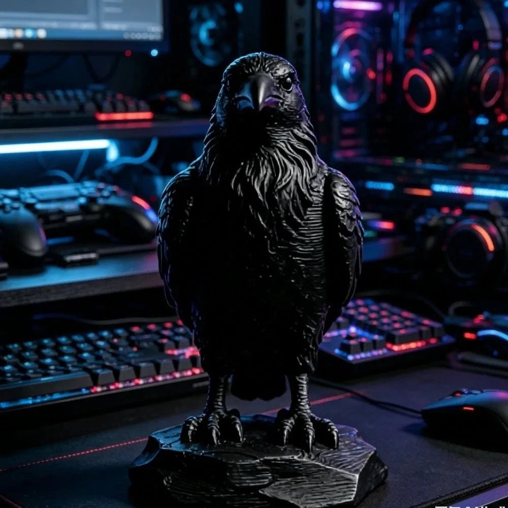 Detailed black raven figurine standing on a rocky base, set against a glowing neon gaming desktop background.