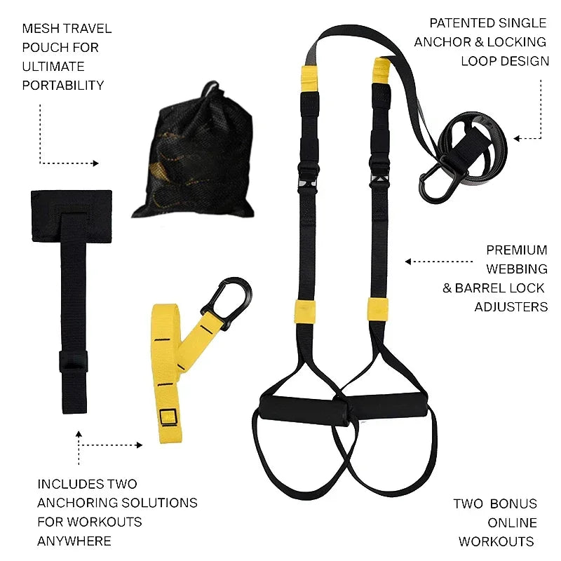 Black and yellow adjustable suspension training straps with handles, anchor, and a mesh travel pouch.
