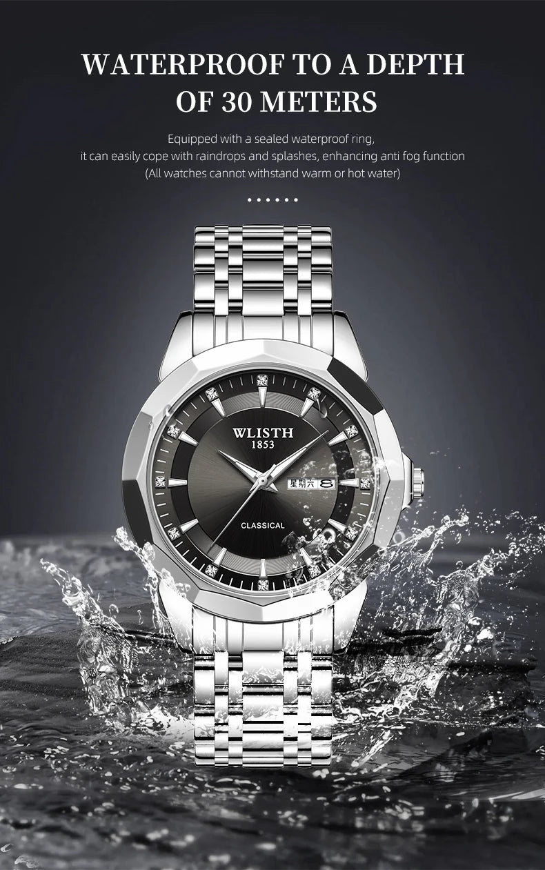 Classic silver stainless steel men’s business watch with a black dial, crystal hour markers, and 30m water resistance.
