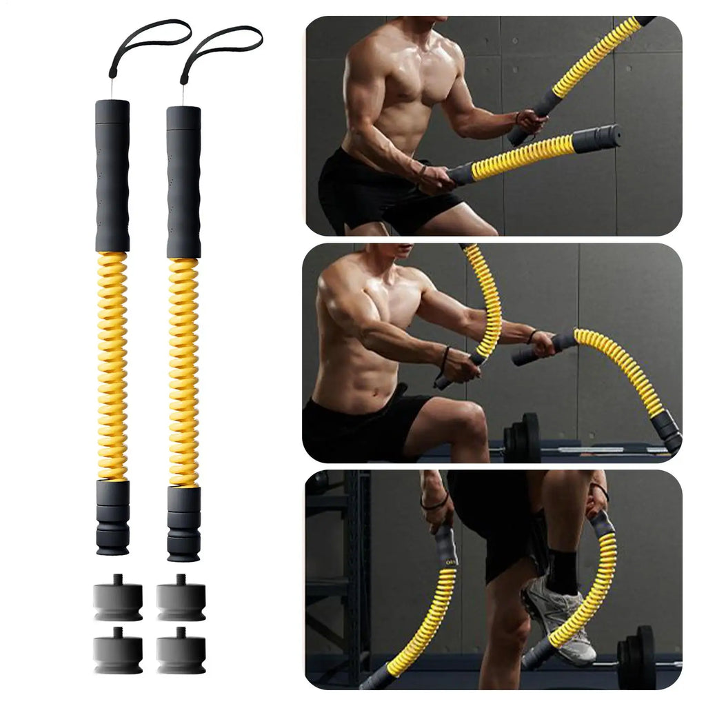 Set of two yellow weighted fitness resistance ropes with black ergonomic handles and detachable base weights.