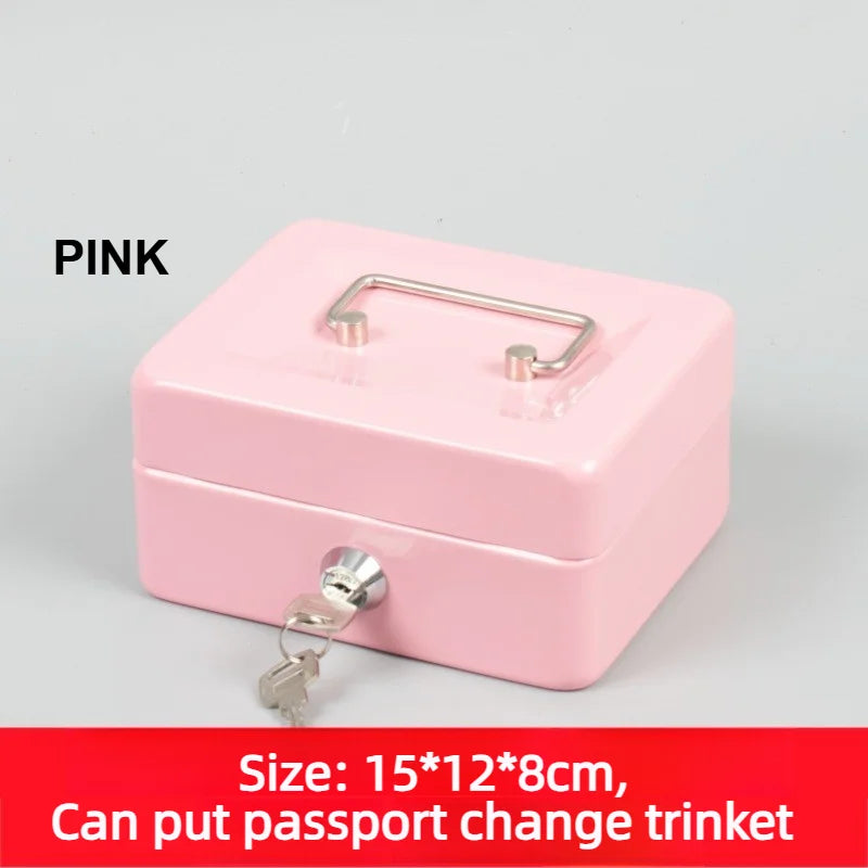 Pink metal cash box with a top handle, key lock, and two keys. Size is 15x12x8cm.