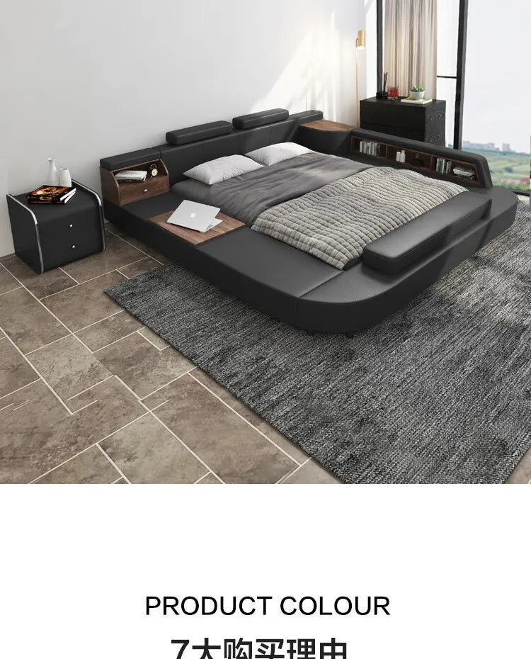 Modern black upholstered bed frame with integrated wooden storage shelves, bedside tables, and a sleek, low-profile design.
