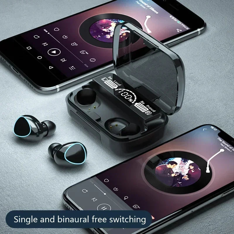 Black wireless earbuds and a charging case with a digital battery display, shown alongside two smartphones.