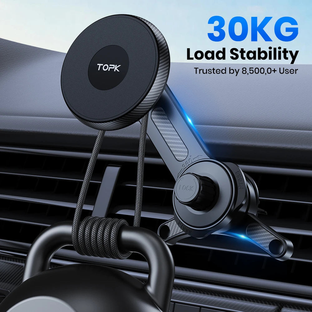 Black magnetic car phone mount with a carbon-fiber style arm, attached to a vehicle air vent.