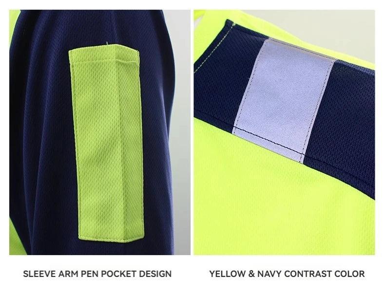 Hi-vis yellow and navy work shirt featuring a sleeve pen pocket and reflective shoulder stripes.