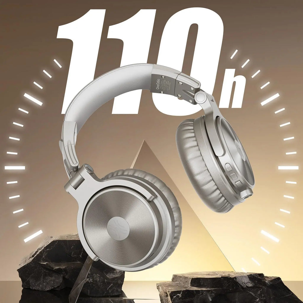 Silver wireless over-ear headphones with microphone, featuring a 110-hour battery life indicator on a gold background.