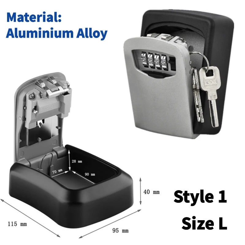 Black and silver aluminum alloy wall-mounted key lock box with a 4-digit combination dial.