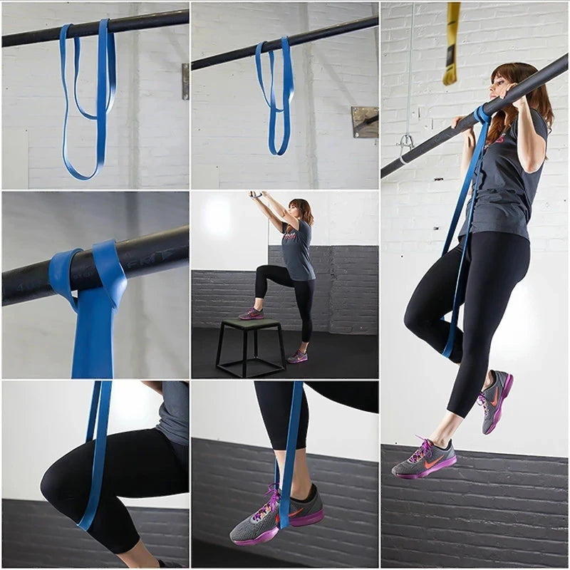 Blue resistance band loop shown in various gym training exercises, including pull-up assistance and leg stretches.