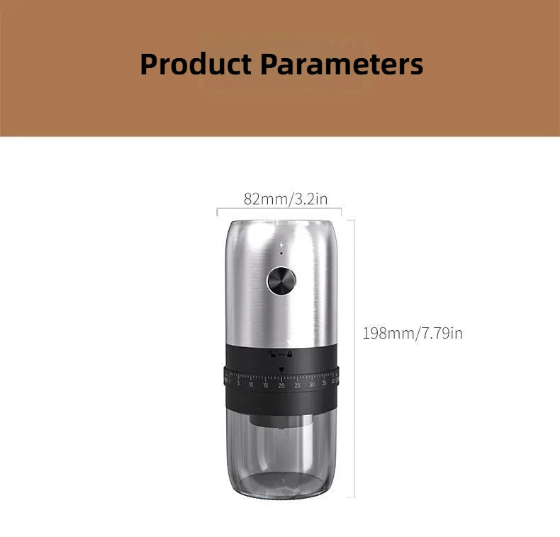 Cylindrical silver and black coffee grinder with a clear base, showing dimensions of 82mm by 198mm.