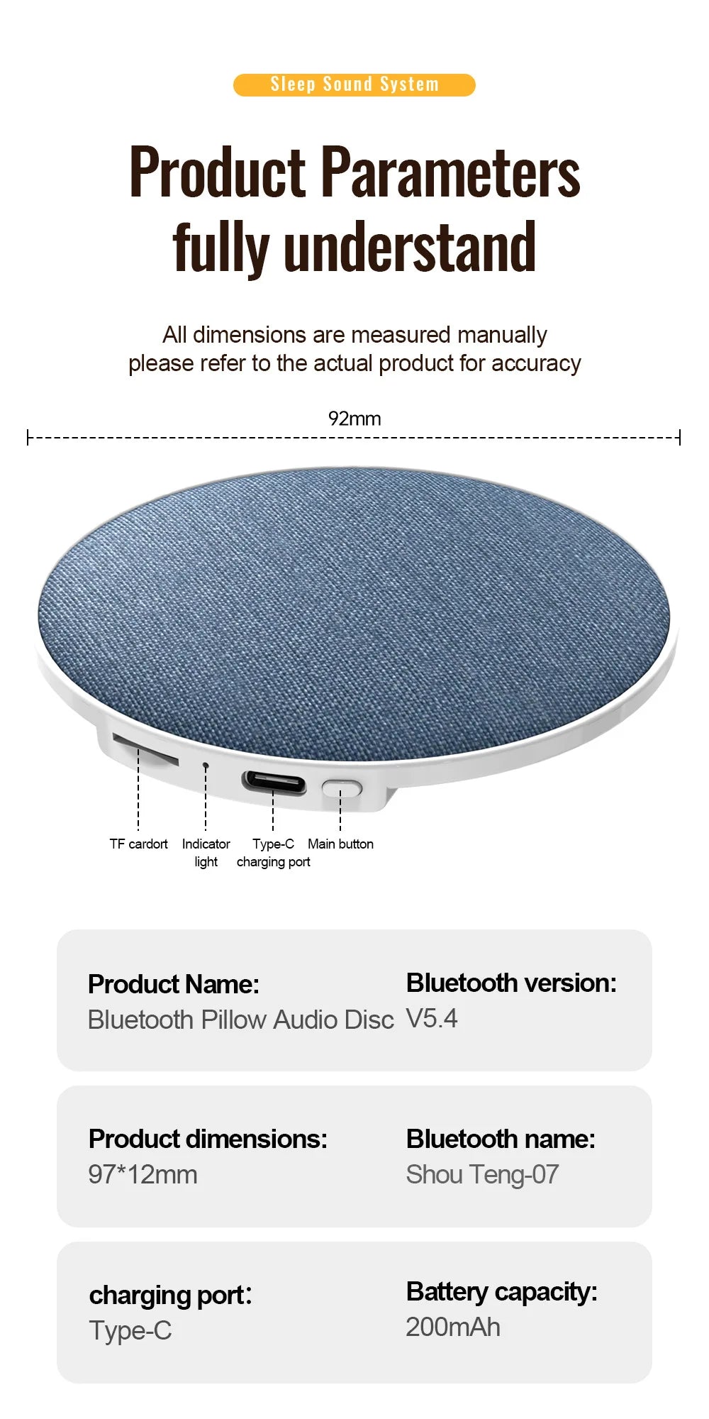 Blue fabric-covered, circular wireless pillow speaker with USB-C port, TF card slot, and power button.