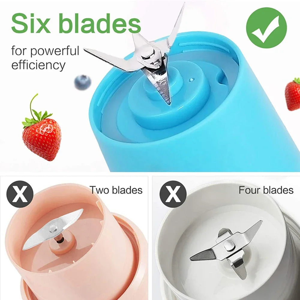A portable blender base comparison showing a blue model with six stainless steel blades versus two and four-blade models.