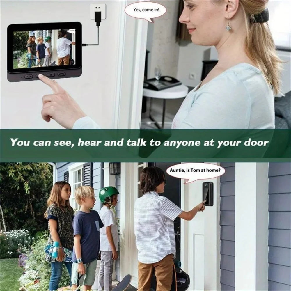A wireless HD doorbell camera with a black indoor monitor, showing two-way audio communication and night vision.