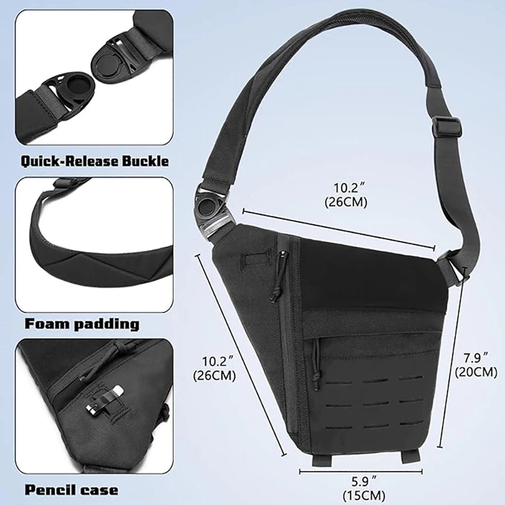 Black tactical crossbody sling bag featuring a quick-release buckle, foam padding, and external storage compartments.