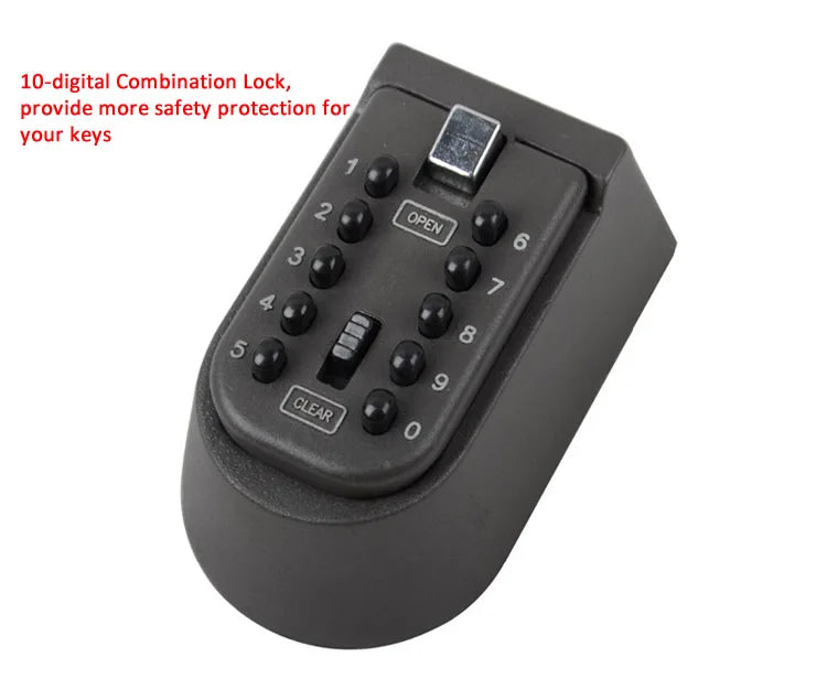 Dark gray, wall-mounted key lock box with a 10-digit mechanical combination keypad, Open button, and Clear switch.