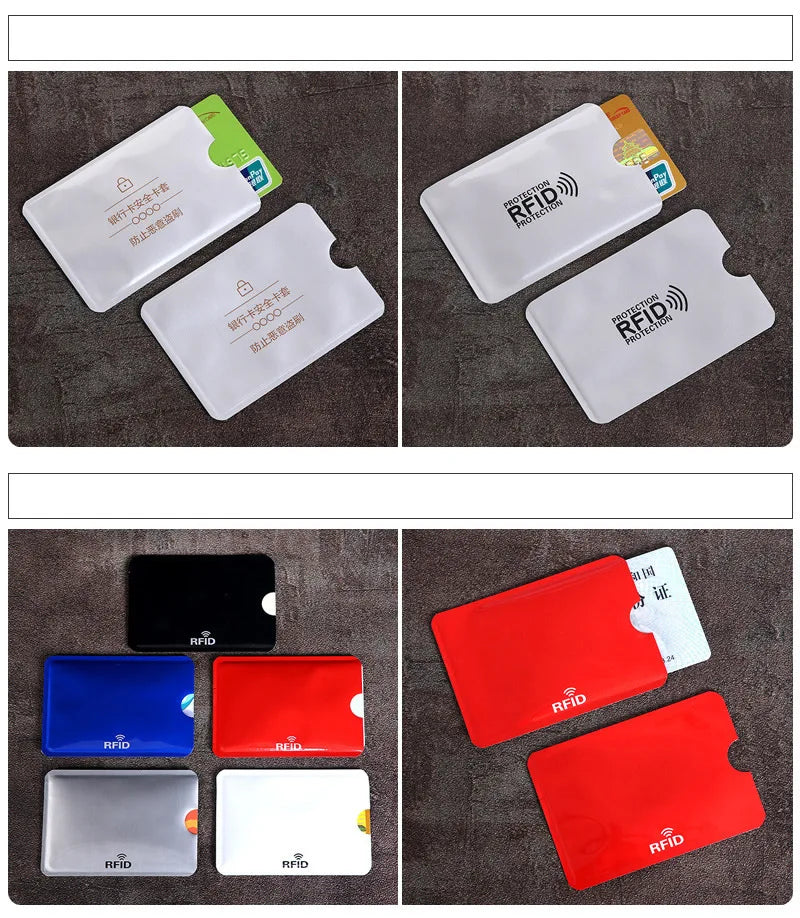 Multi-colored plastic RFID blocking card sleeves for protecting credit and identity cards from unauthorized scanning.
