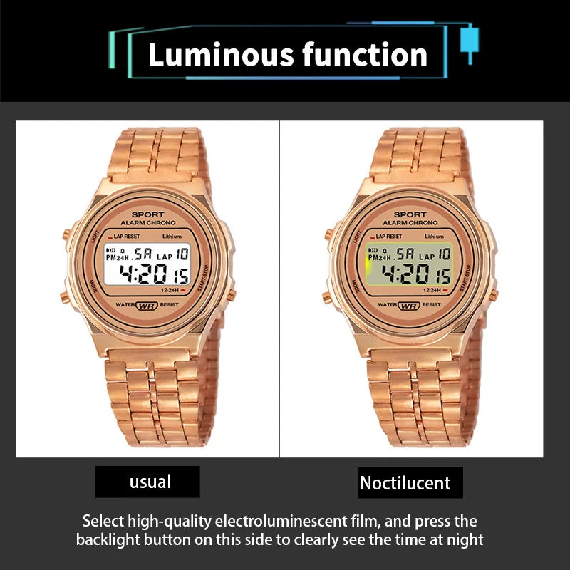 Rose gold digital retro watch with a metallic link strap, showing both standard and backlit luminous display modes.