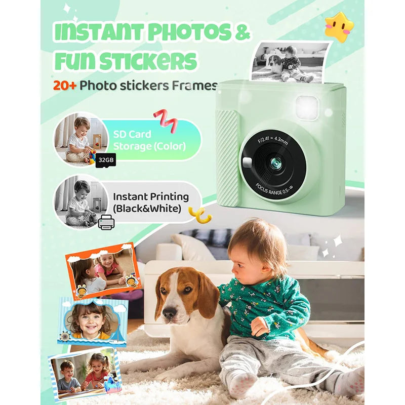 Light green plastic kids' instant camera with 32GB SD card slot and black-and-white printing feature.