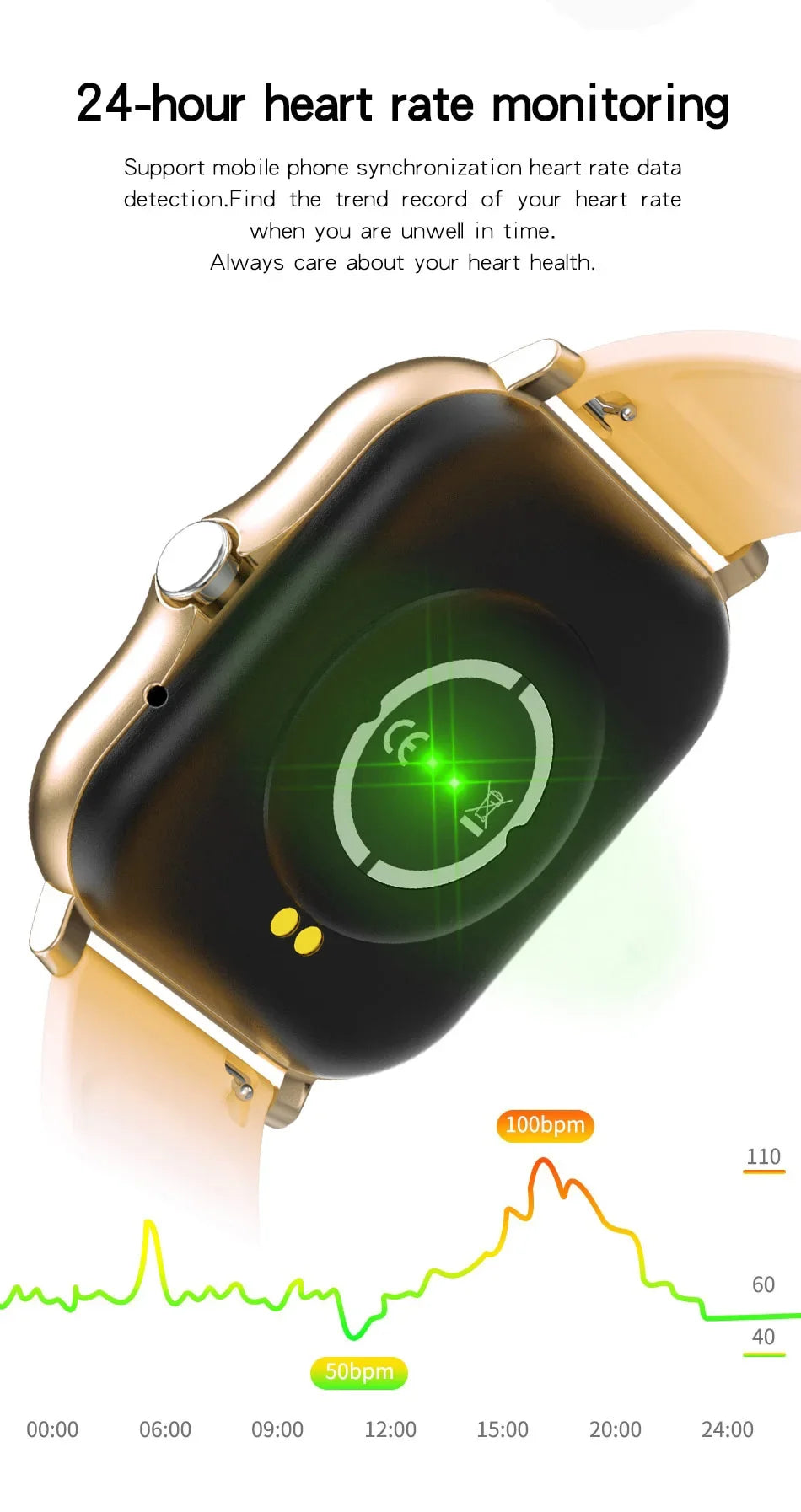 Gold-tone smartwatch featuring a heart rate sensor and a 1.44-inch touch screen with a 24-hour health monitoring graph.