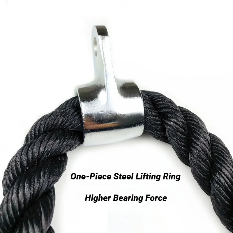 Black braided tricep pull rope with a durable, shiny silver-coloured steel attachment ring.