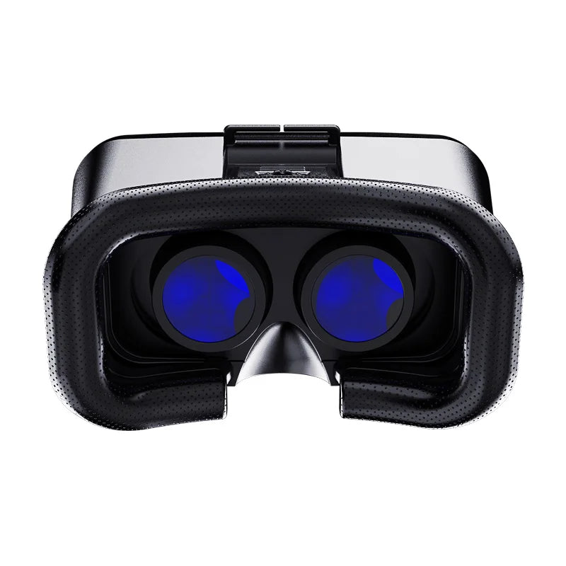 Black VR headset with a perforated leather face cushion and two large, circular bright blue lenses.