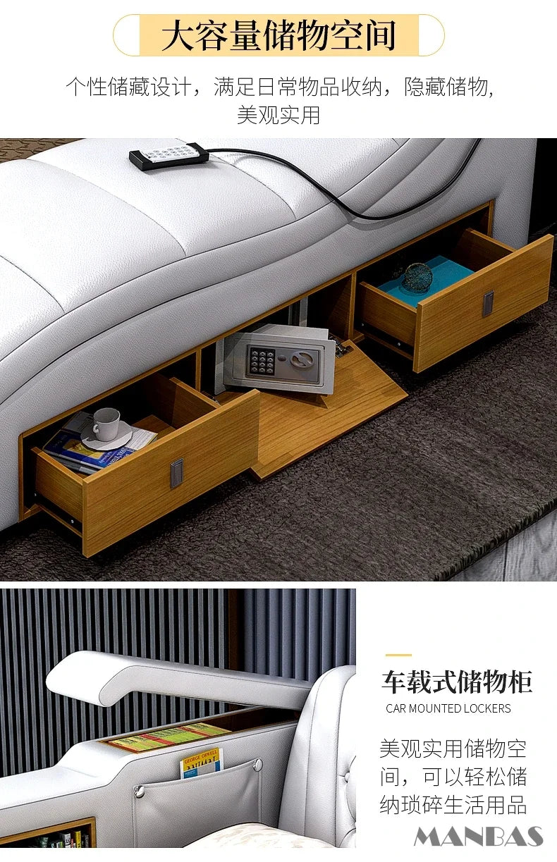 Modern white leather smart bed with wood-finish under-bed storage drawers, built-in safe, and integrated side storage.