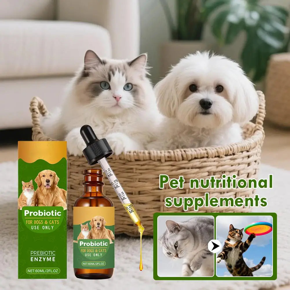 60ml bottle of probiotic liquid supplement for dogs and cats, featuring a glass dropper and illustrated packaging.