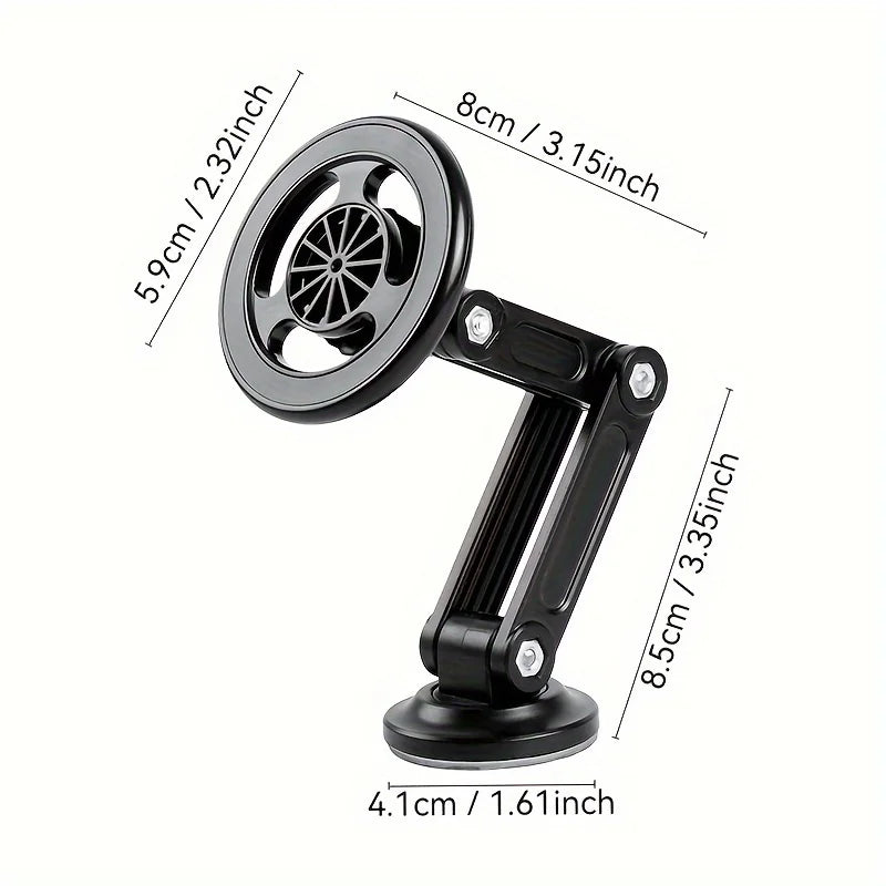 Black adjustable phone holder with a circular mount, multi-jointed arm, and dimensions shown.