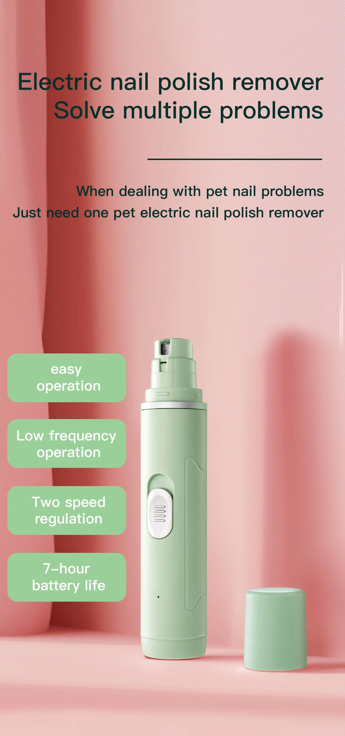 Pastel green rechargeable pet nail grinder with a white switch, featuring two-speed settings and an LED light.