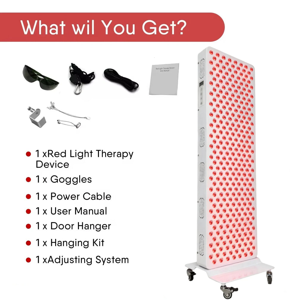 Red light therapy device on wheels with goggles, power cable, manual, door hanger, hanging kit, and adjusting system.