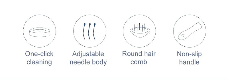 Four grey icons showing pet brush features: one-click cleaning, adjustable needles, round comb, and non-slip handle.
