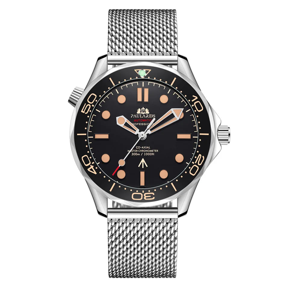 Men’s silver-tone automatic watch with a stainless steel mesh strap, black dial, and luminous rose-gold accents.