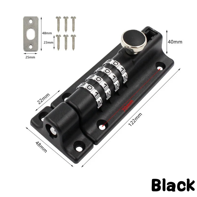 Black metal sliding bolt lock with a four-digit combination dial, including mounting hardware and strike plate.