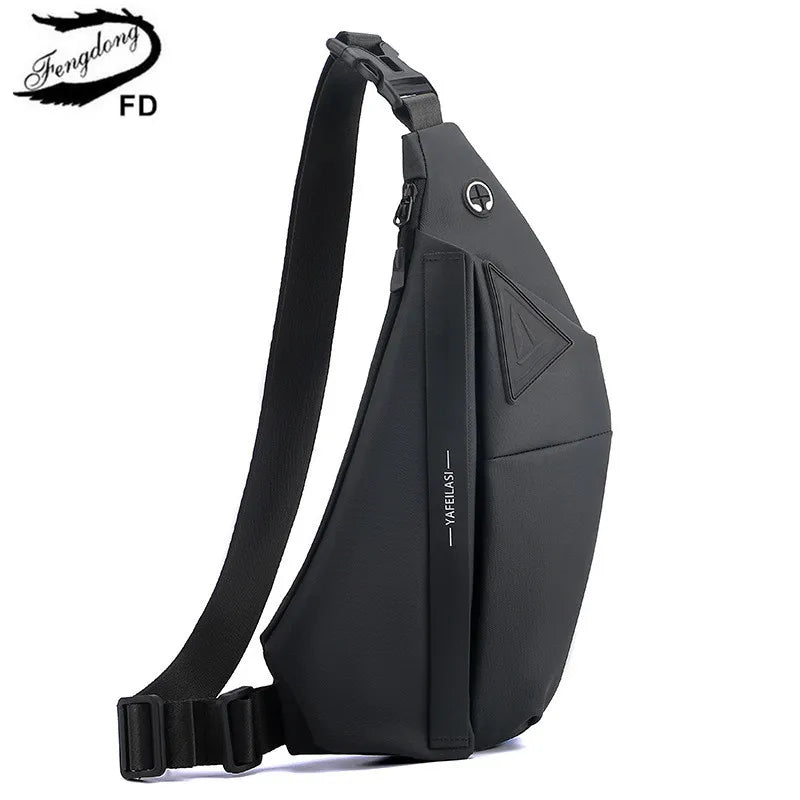 A sleek, black anti-theft crossbody sling bag with an adjustable strap, headphone port, and secure zip design.