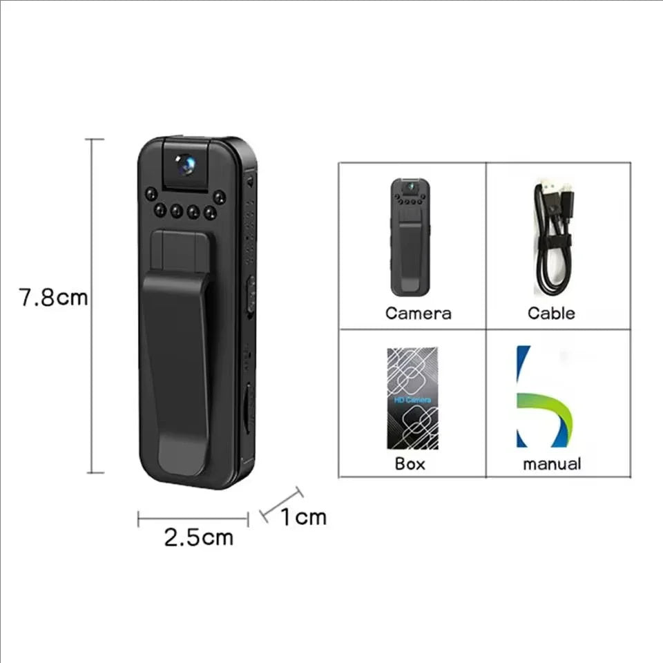 Black portable body camera with clip, charging cable, box, and manual. Measures 7.8cm x 2.5cm x 1cm.