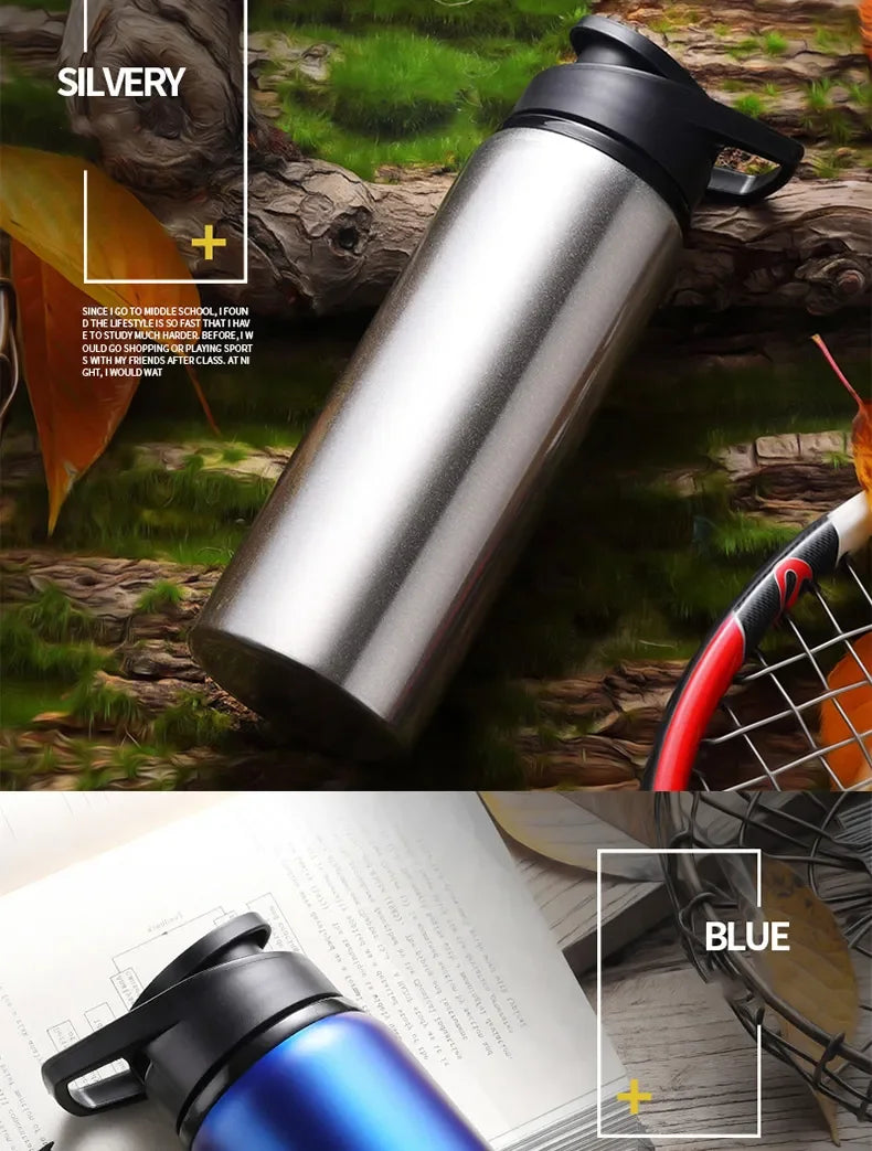 Silver and blue stainless steel water bottles with black flip-top lids, displayed with sports and study items.