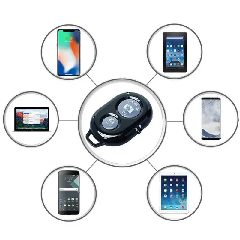 Black plastic Bluetooth remote shutter for smartphones and tablets with buttons for iOS and Android camera control.