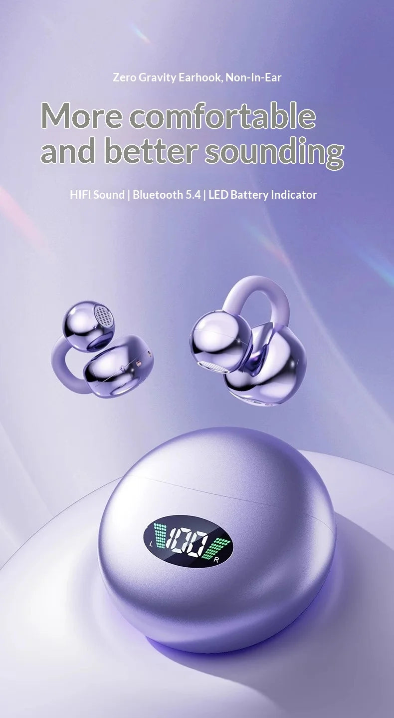 Purple non-in-ear earhook headphones with a round charging case featuring a digital LED battery display.