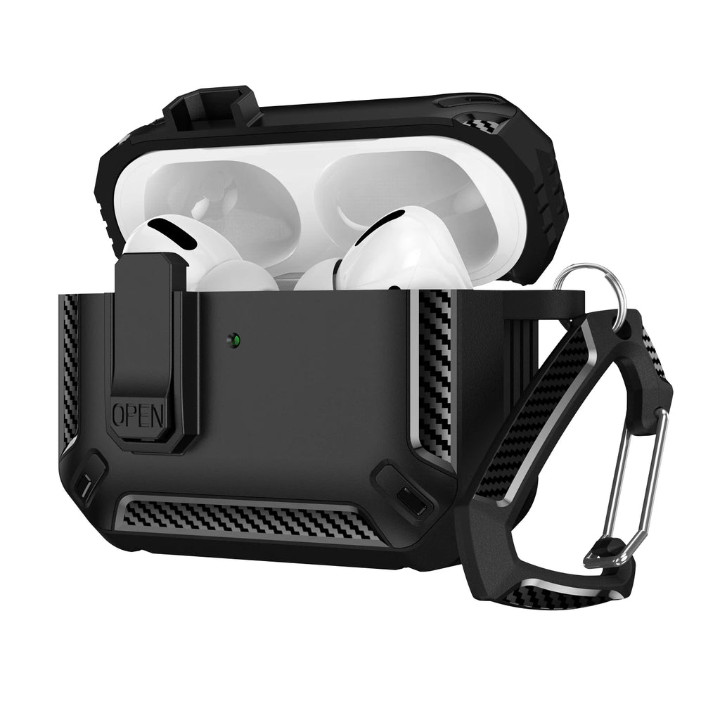 Black rugged carbon-fibre style AirPods Pro case with safety lock and carabiner. Open view showing internal fit.