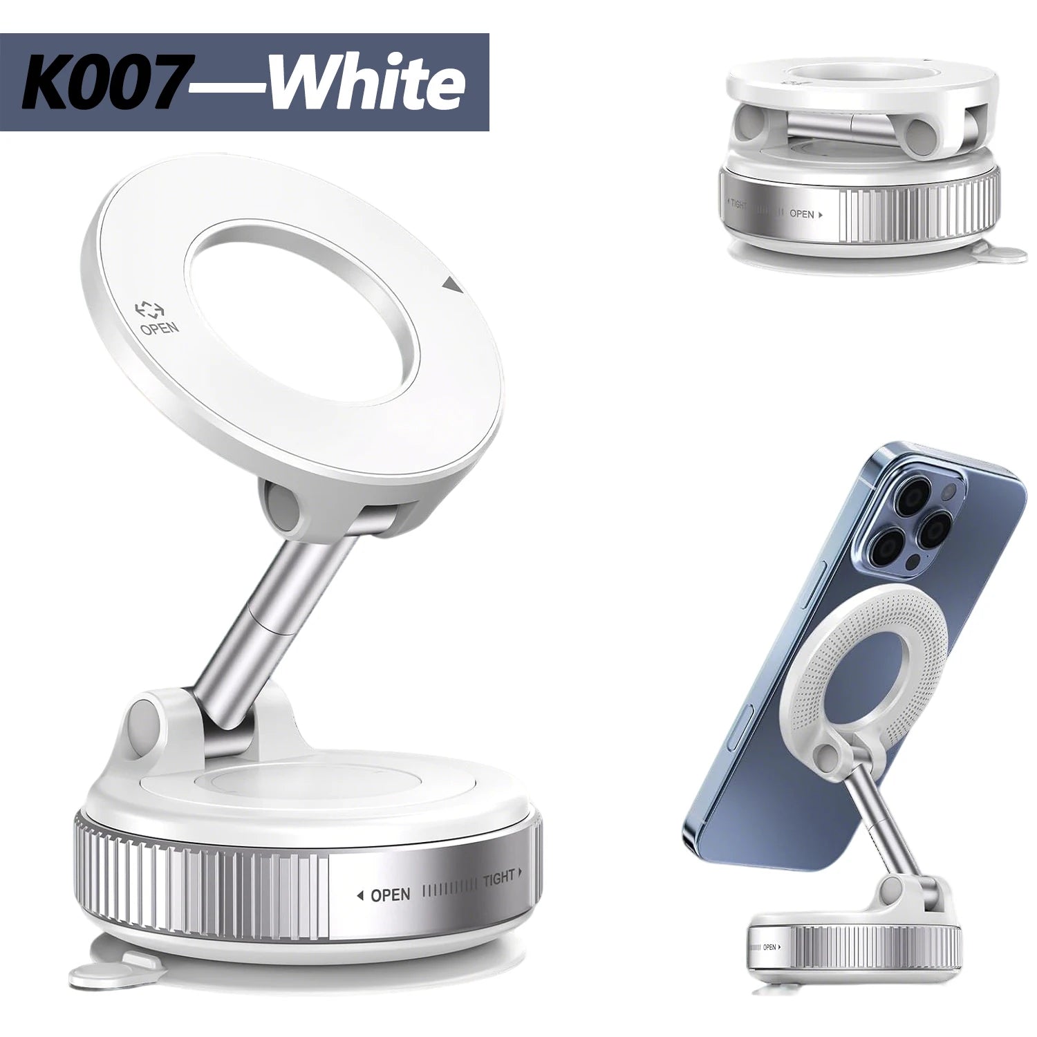 White foldable magnetic phone stand with adjustable arm and ring mount, shown collapsed and holding a smartphone.