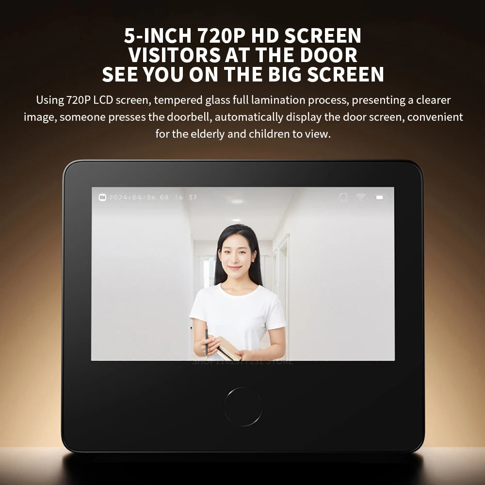 Black smart video doorbell with a 5-inch HD screen displaying a visitor, featuring a sleek, modern design.