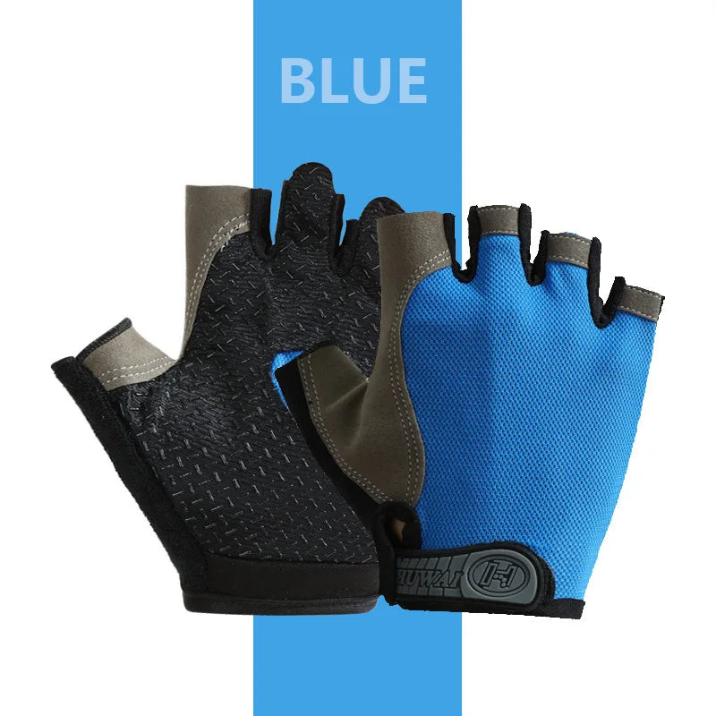 Pair of blue and black fingerless cycling gloves with textured grips and velcro wrist straps.