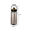 Translucent grey 1500ml water bottle with time markings, a black lid, carry handle, and yellow accent. 27cm height.