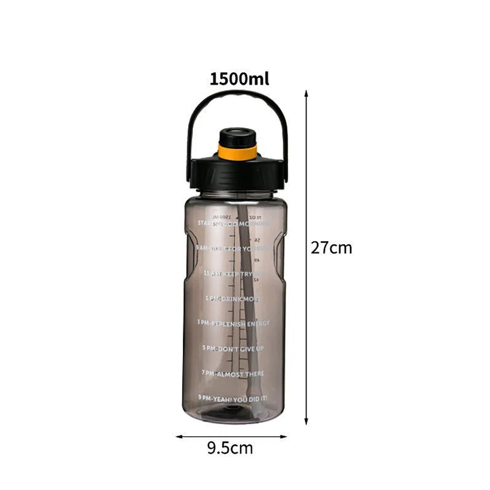Translucent grey 1500ml water bottle with time markings, a black lid, carry handle, and yellow accent. 27cm height.