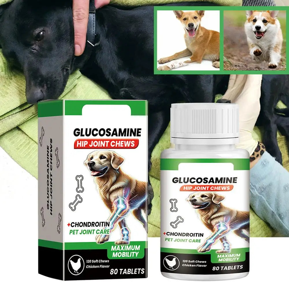 Glucosamine hip joint chews for dogs in a box and white bottle, featuring chicken flavor and joint support formula.