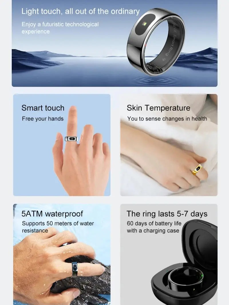 Sleek, waterproof smart health ring in black or gold, showing touch control, temperature monitoring, and charging case.