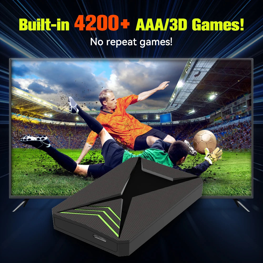 Black JMachen Hyper Base Lbox retro gaming HDD in front of TV showing a soccer game.
