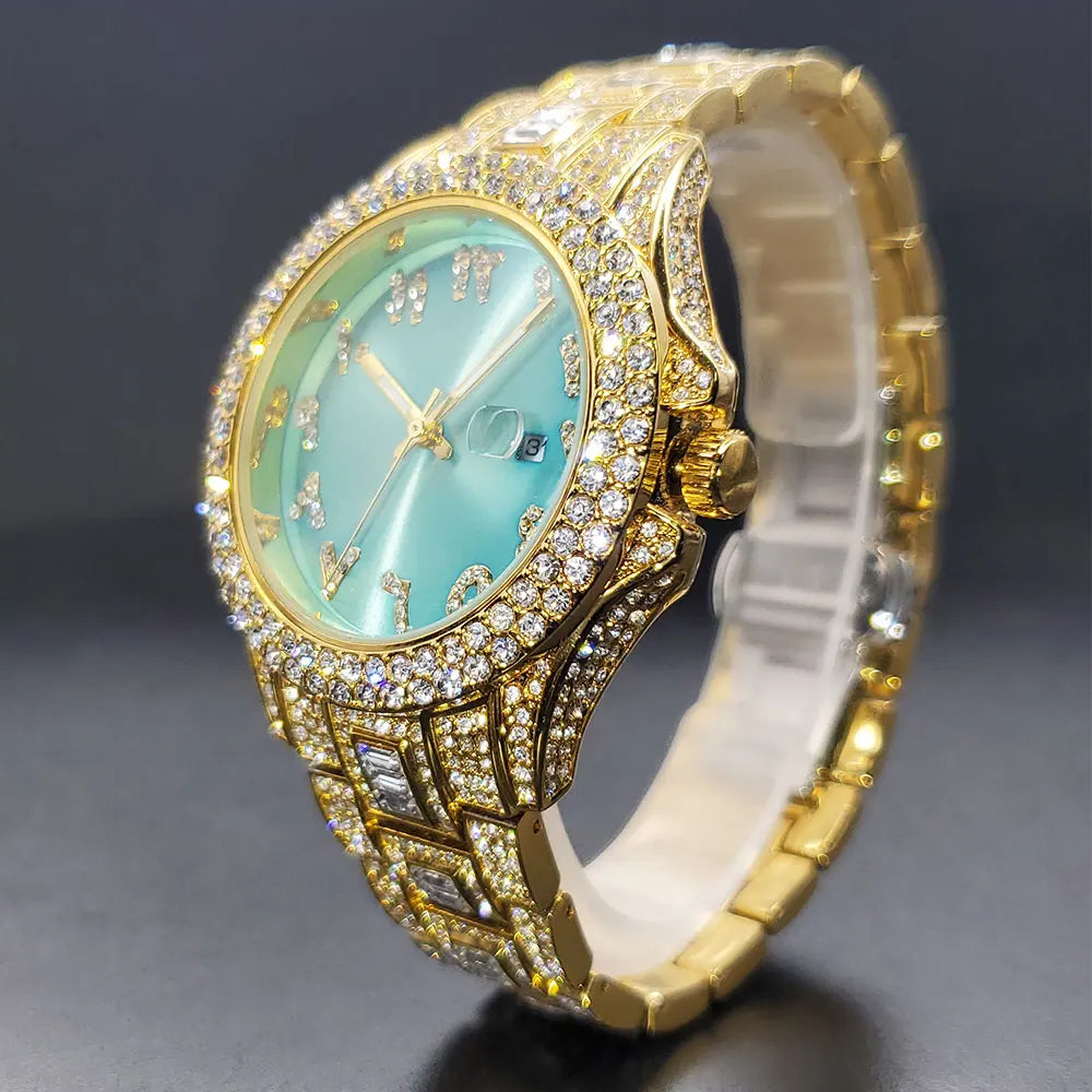 Glamorous gold-tone watch with a turquoise face, featuring a crystal-encrusted bezel and linked bracelet.